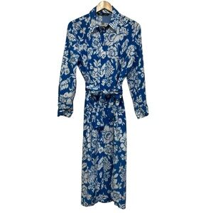 Zara Floral Blue and White Long Sleeve Midi Dress Size Large